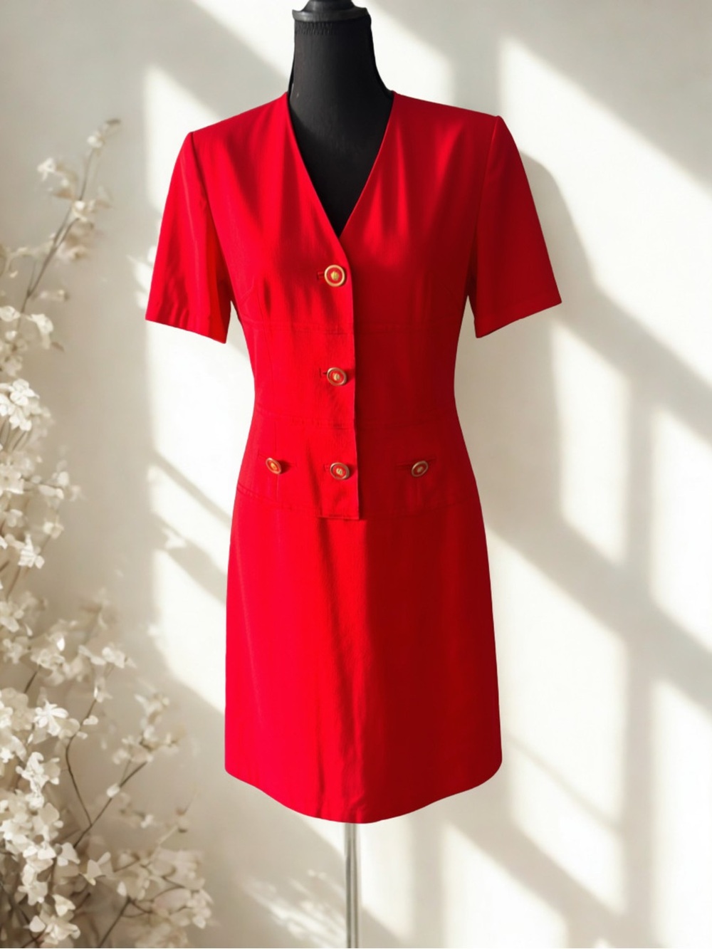 Louis Feraud Vintage Red V-Neck Short Sleeve Button Dress